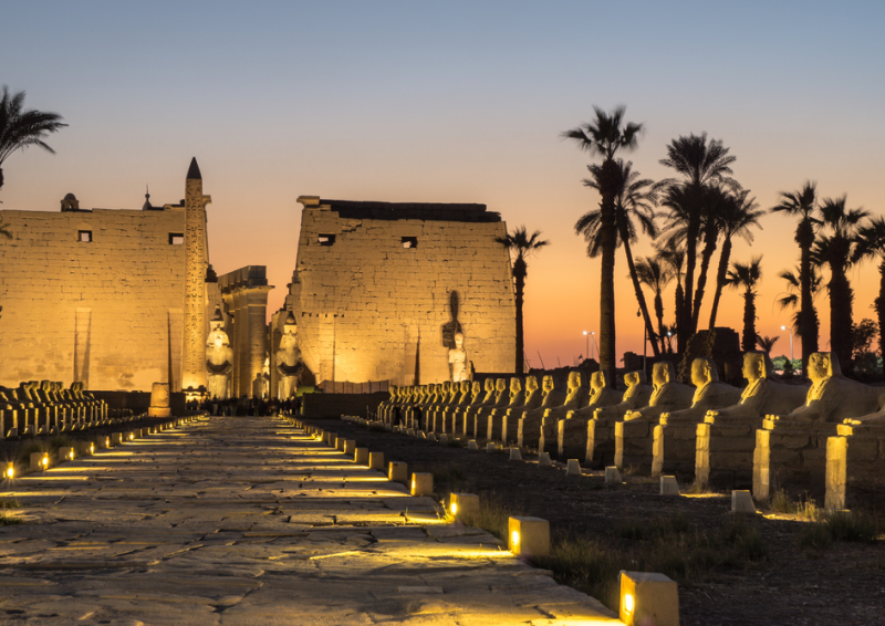 Exploring Luxor Temple aboard MS Mayflower Nile Cruise – illuminated avenue of sphinxes and Ramses statues
